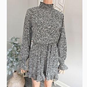 Influence Fashion Black All Over Print Mock Neck Ruffle Hem Mini Dress Size 12UK